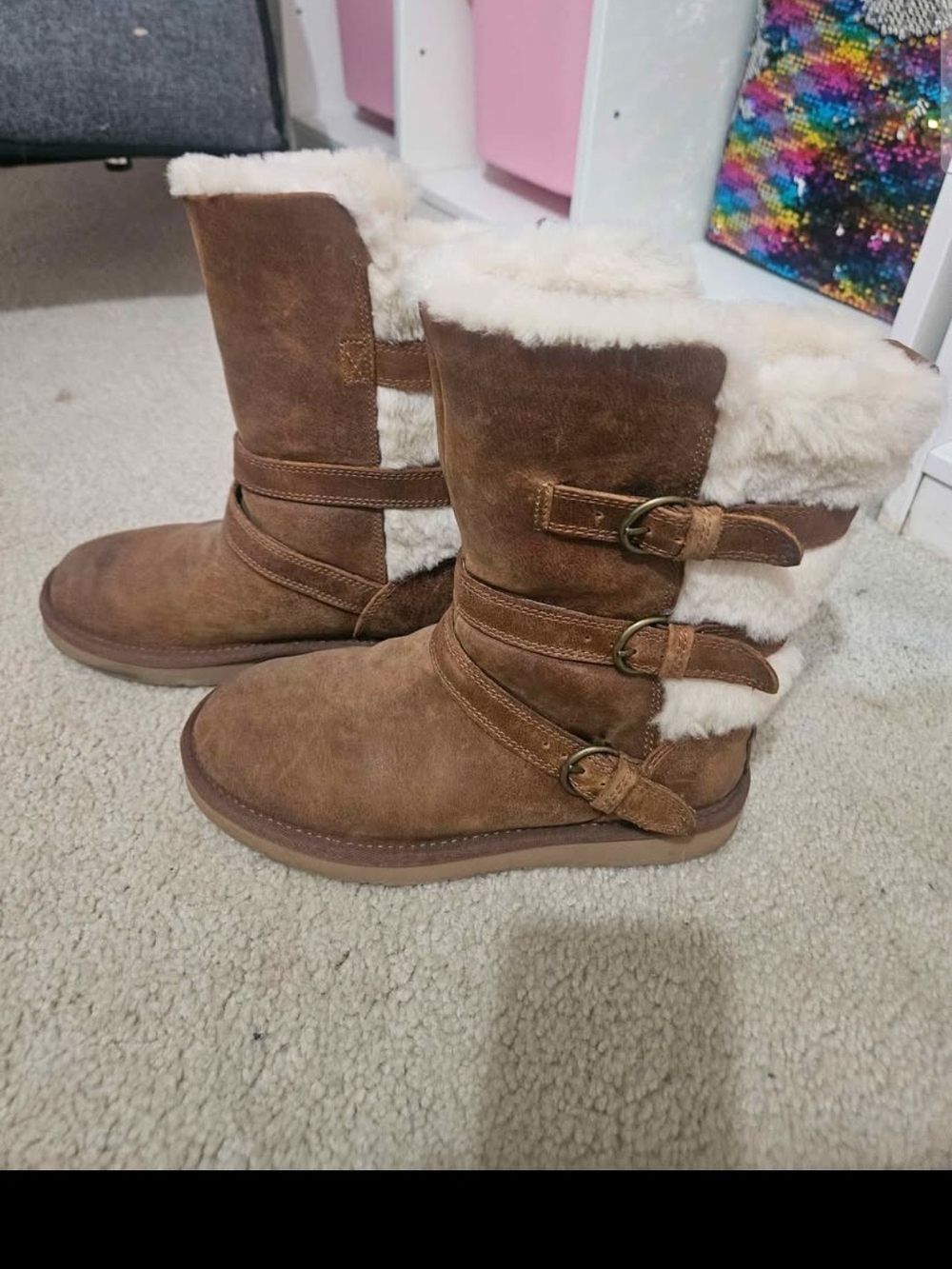 UGG Chestnut Suede Shearling Buckle Mid-Calf Boots